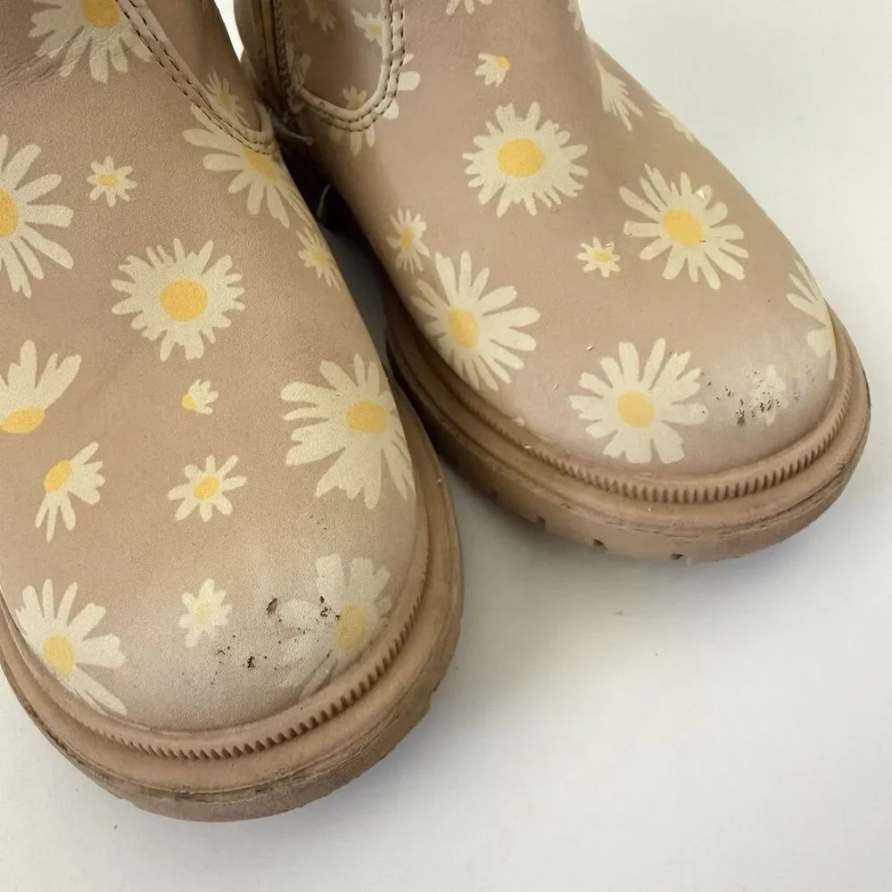 Cat & Jack Girls Size 8 Daisy Floral Ankle Boots Pink Tan Side Zip